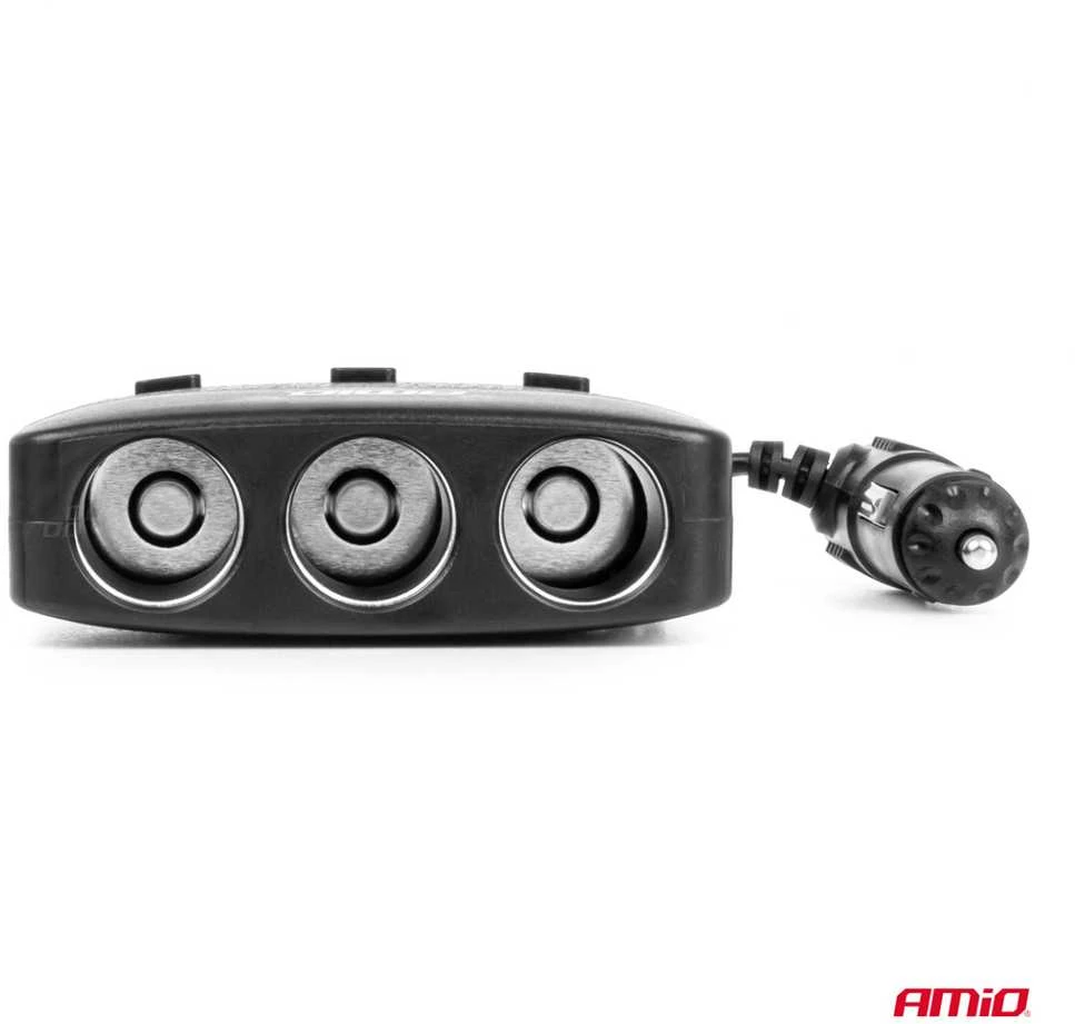 Trijų lizdų prailgintojas su įkrovikliu, ON/OFF mygtuku ir LED indikatoriumi 2x USB-A 12/24V 100W 70 cm AMIO-04363