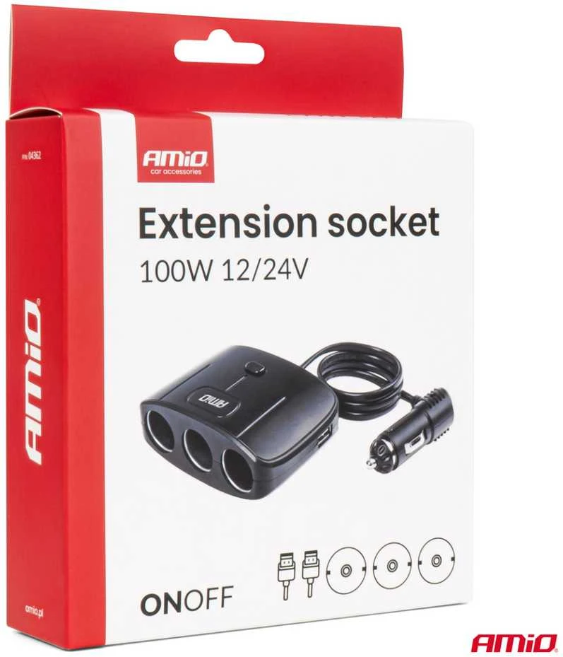 Trijų lizdų prailgintojas su įkrovikliu ir ON/OFF mygtuku 2x USB-A 12/24V 100W 70 cm AMIO-04362