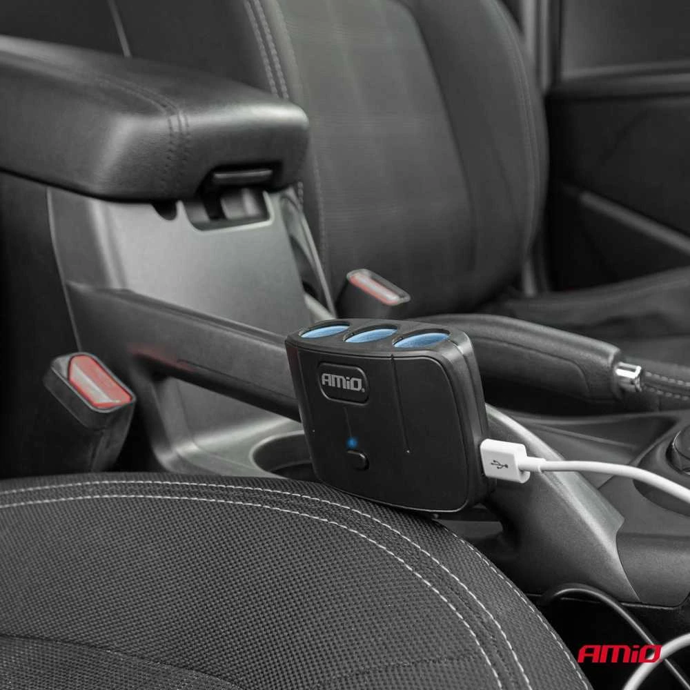 Trijų lizdų prailgintojas su įkrovikliu ir ON/OFF mygtuku 2x USB-A 12/24V 100W 70 cm AMIO-04362