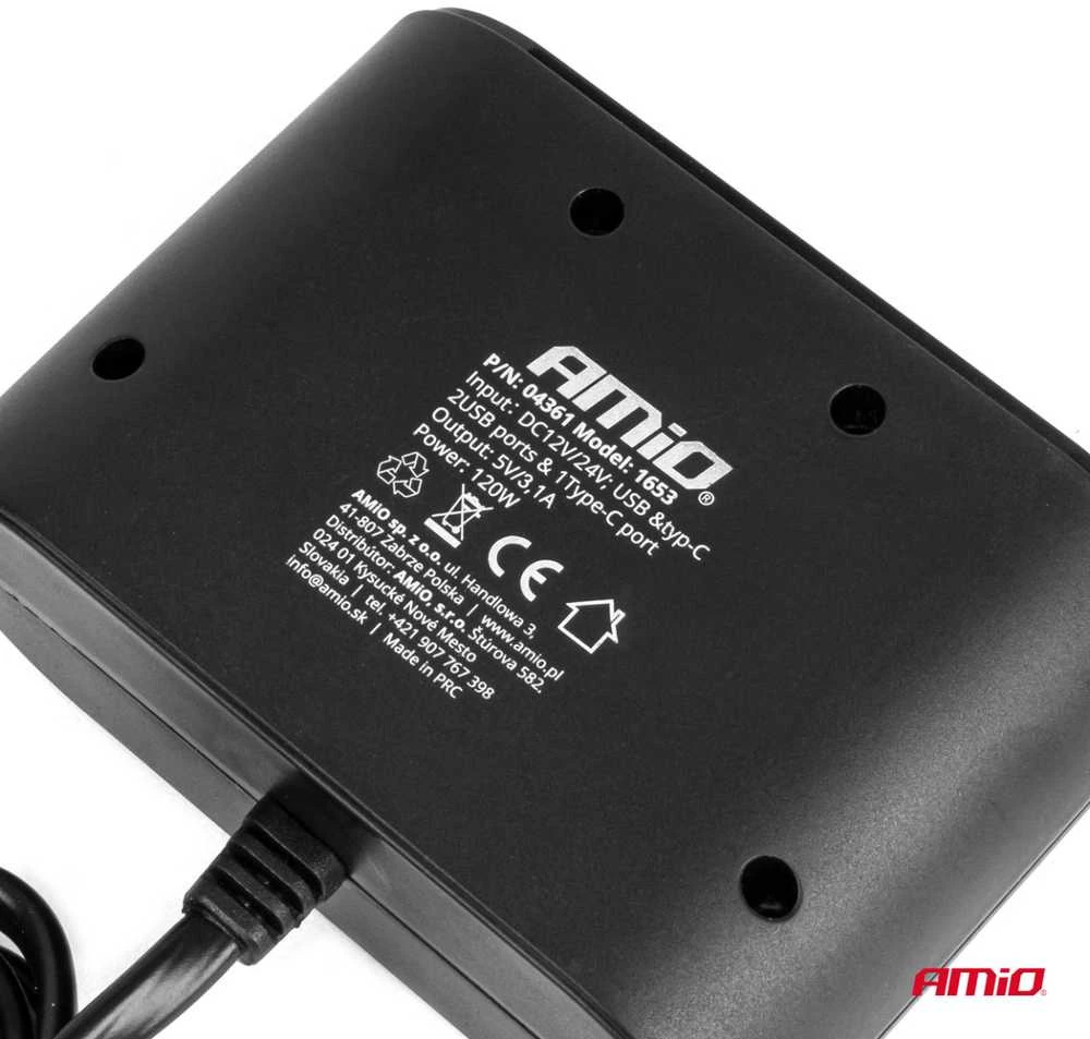 Trijų lizdų prailgintojas su įkrovikliu 2x USB-A + 1x USB-C 12/24V 120W 70 cm AMIO-04361