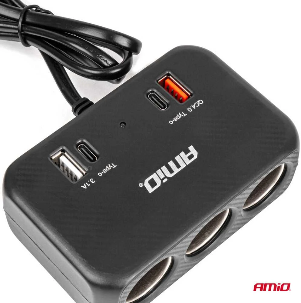 Trijų lizdų prailgintojas su įkrovikliu 1x USB-A + 1x USB-C QC 4.0 12/24V 120W 80 cm AMIO-04365