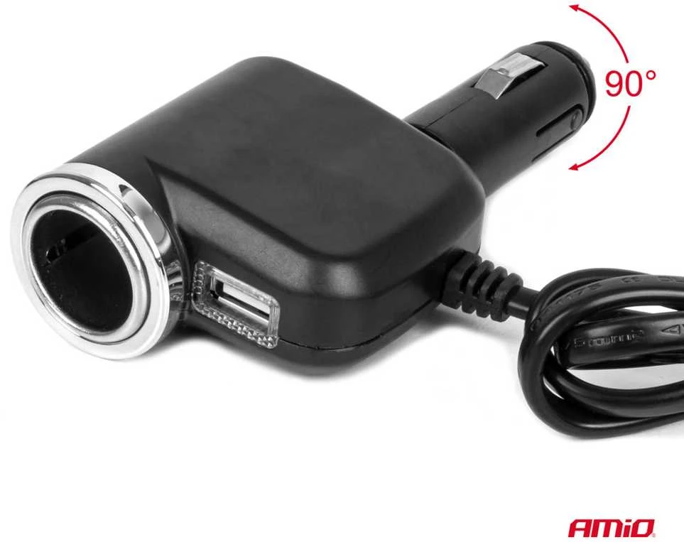 Trijų lizdų prailgintojas su įkrovikliu 1x USB-A + 1x cigarečių uždegiklis 12/24V 120W 80 cm AMIO-04360