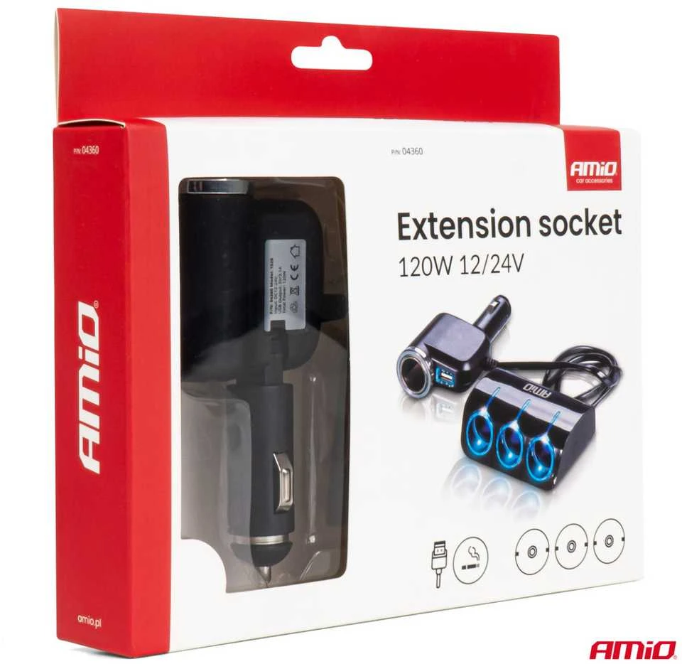 Trijų lizdų prailgintojas su įkrovikliu 1x USB-A + 1x cigarečių uždegiklis 12/24V 120W 80 cm AMIO-04360