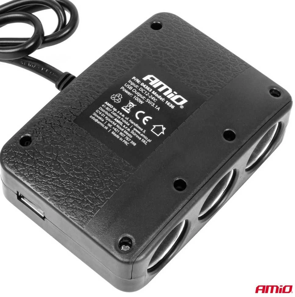 Trijų lizdų prailgintojas su įkrovikliu, ON/OFF mygtuku ir LED indikatoriumi 2x USB-A 12/24V 100W 70 cm AMIO-04363