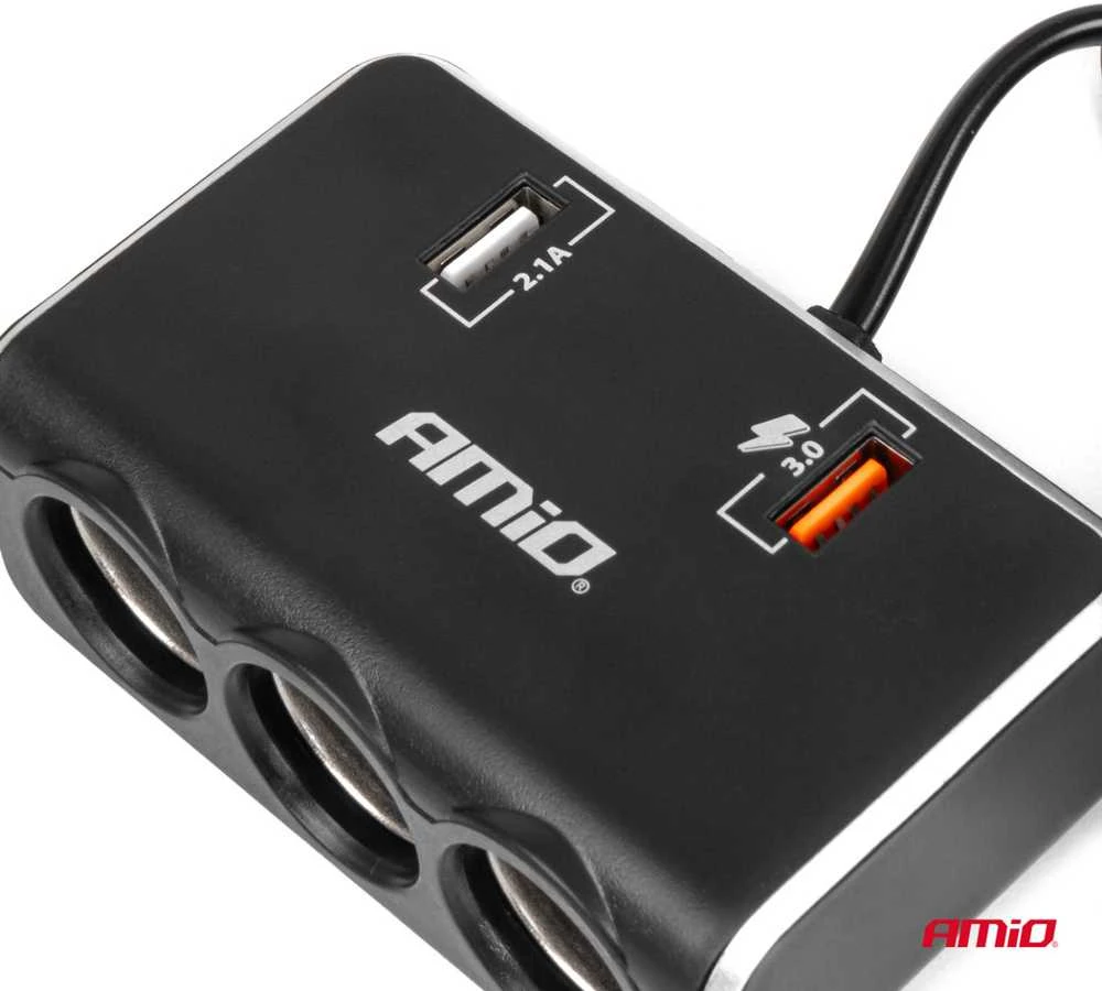 Trijų lizdų prailgintojas su įkrovikliu ir skaitmeniniu ekranu 2x USB-A QC 3.0 12/24V 120W 80 cm AMIO-04364