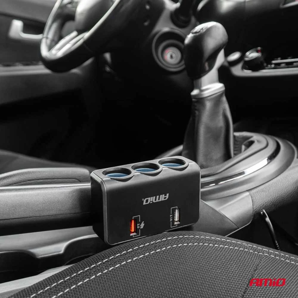 Trijų lizdų prailgintojas su įkrovikliu ir skaitmeniniu ekranu 2x USB-A QC 3.0 12/24V 120W 80 cm AMIO-04364