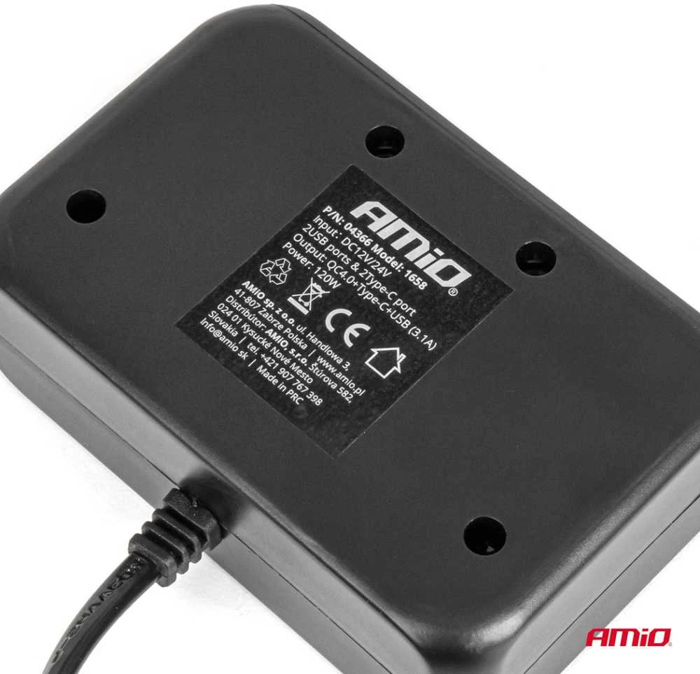 Trijų lizdų prailgintojas su įkrovikliu ir skaitmeniniu ekranu 2x USB-A + 1x USB-C QC 4.0 12/24V 120W 80 cm AMIO-04366
