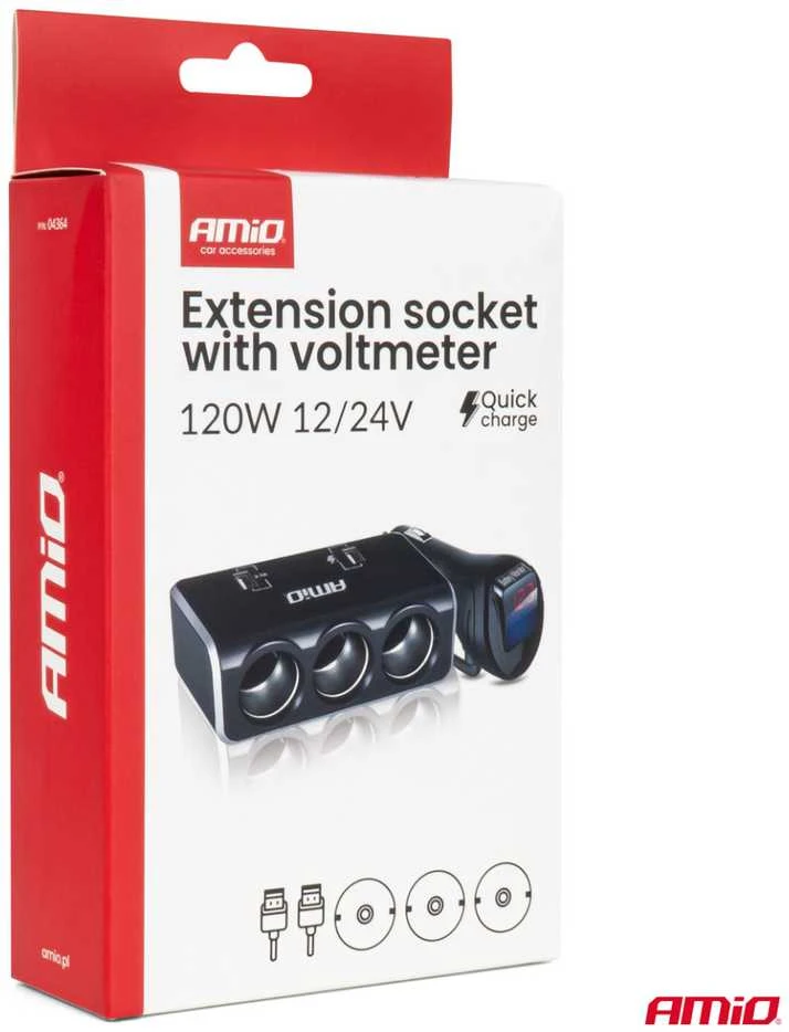 Trijų lizdų prailgintojas su įkrovikliu ir skaitmeniniu ekranu 2x USB-A QC 3.0 12/24V 120W 80 cm AMIO-04364