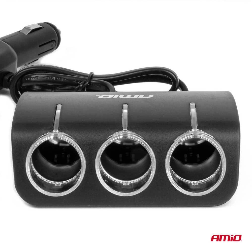 Trijų lizdų prailgintojas su įkrovikliu 1x USB-A + 1x cigarečių uždegiklis 12/24V 120W 80 cm AMIO-04360