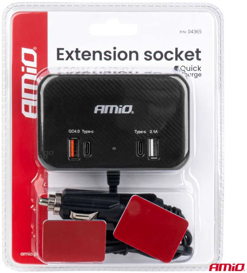 Trijų lizdų prailgintojas su įkrovikliu 1x USB-A + 1x USB-C QC 4.0 12/24V 120W 80 cm AMIO-04365