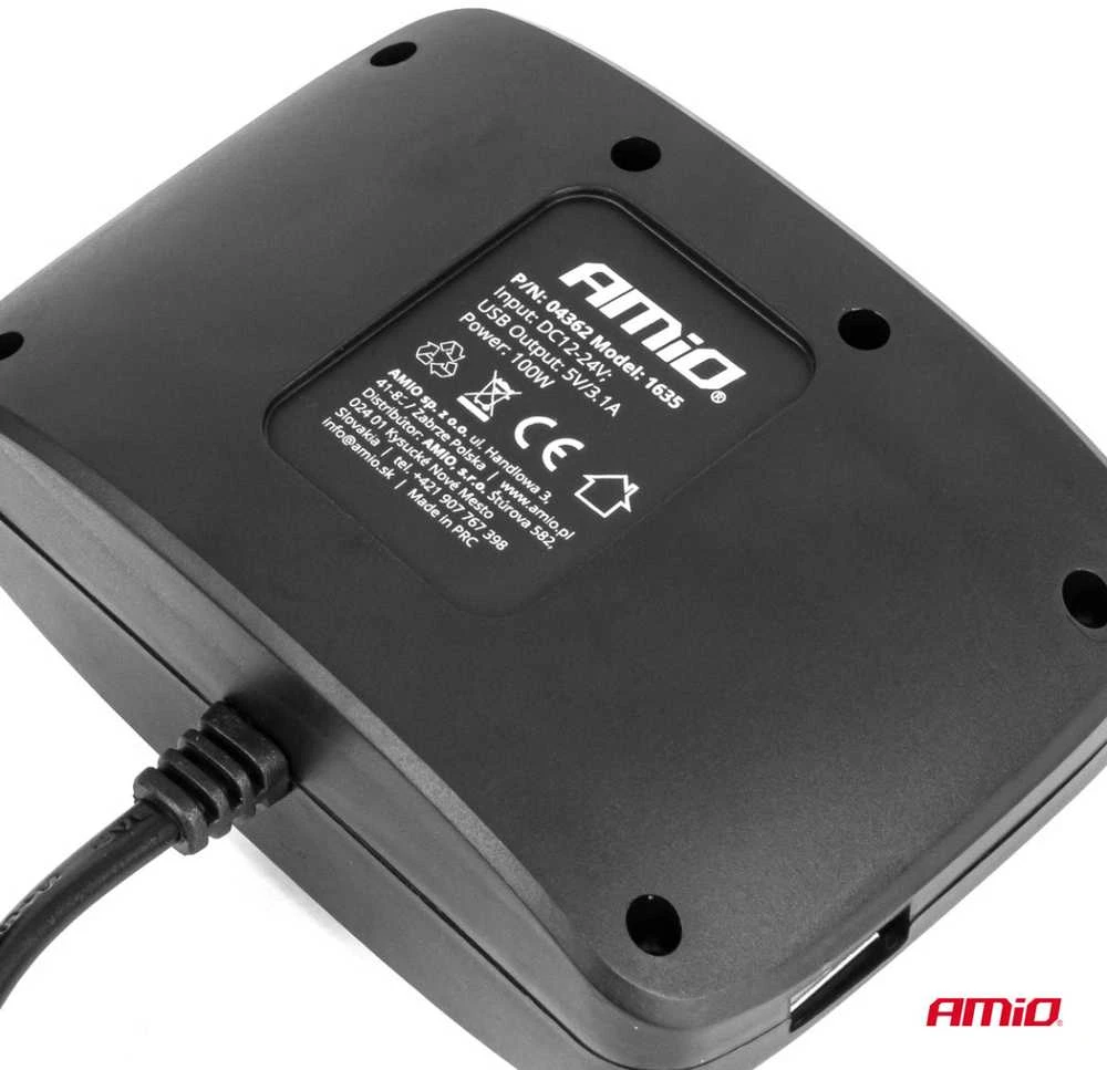 Trijų lizdų prailgintojas su įkrovikliu ir ON/OFF mygtuku 2x USB-A 12/24V 100W 70 cm AMIO-04362