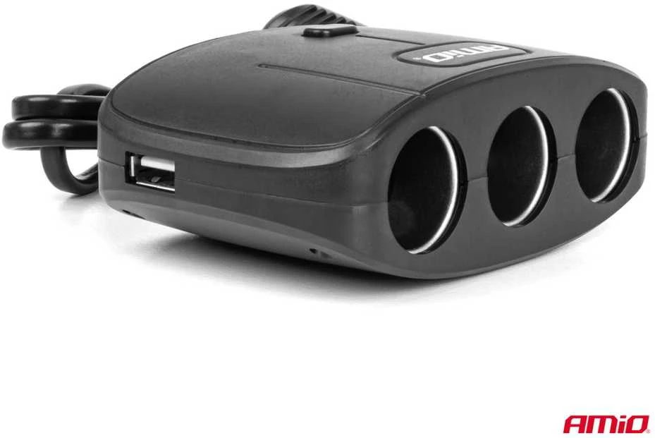 Trijų lizdų prailgintojas su įkrovikliu ir ON/OFF mygtuku 2x USB-A 12/24V 100W 70 cm AMIO-04362