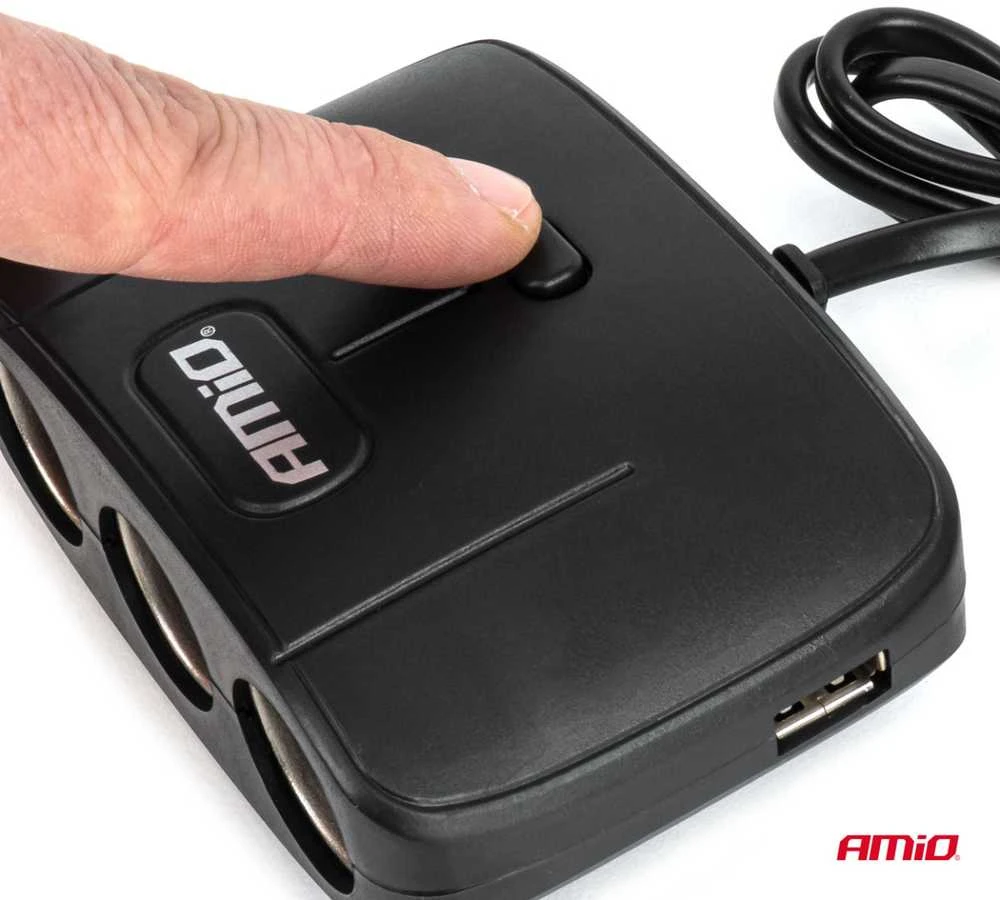 Trijų lizdų prailgintojas su įkrovikliu ir ON/OFF mygtuku 2x USB-A 12/24V 100W 70 cm AMIO-04362