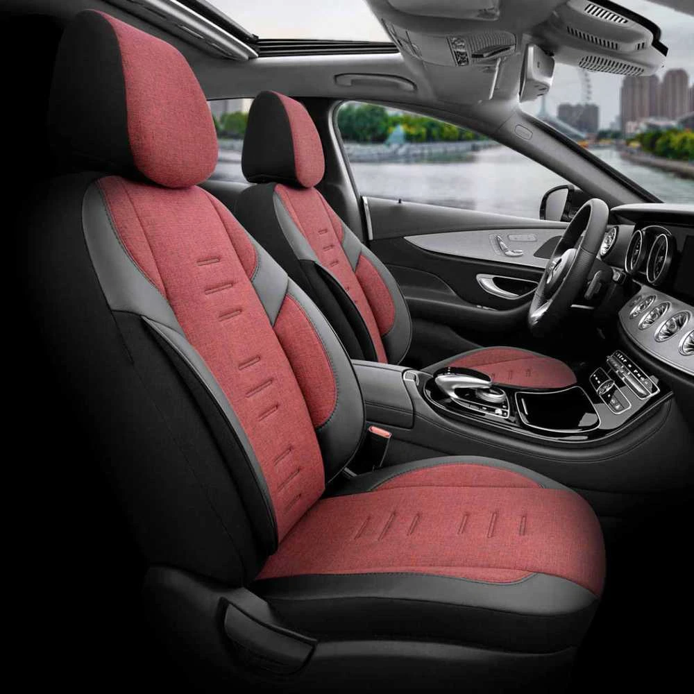 Raudoni audinio ir odos imitacijos automobilio užvalkalai