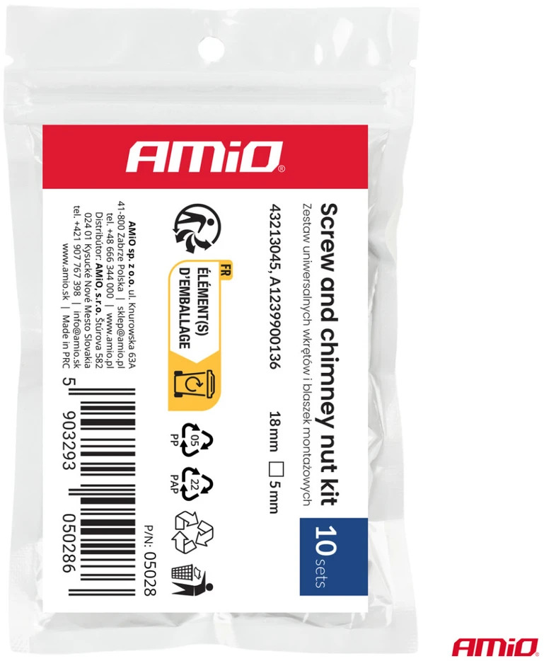 Universalių varžtų ir tvirtinimo plokštelių rinkinys 18 mm ? 5 mm 10 vnt. amio-05028