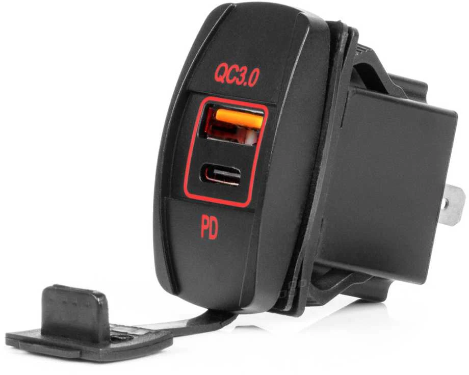 Vandeniui atsparus telefono įkroviklis su raudonu LED apšvietimu, USB + USB C QC3.0 12/24V AMIO-04229