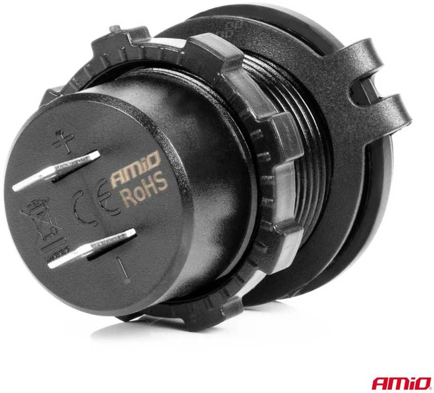 Vandeniui atsparus telefono įkroviklis su mėlynu LED apšvietimu, 2xUSB QC3.0 12/24V AMIO-04218