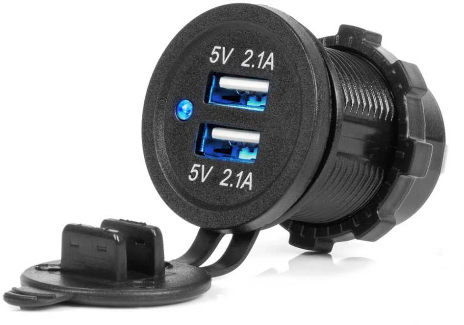 Vandeniui atsparus telefono įkroviklis su mėlynu LED indikatoriumi 4.2A, 2xUSB 12/24V AMIO-04217