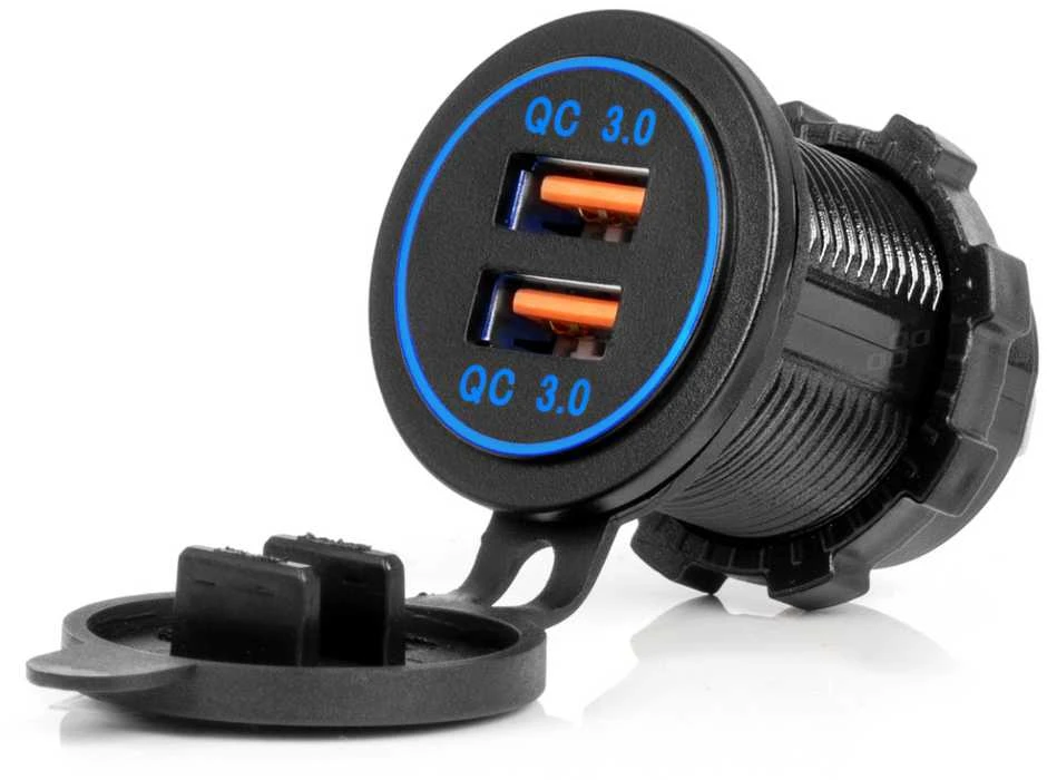 Vandeniui atsparus telefono įkroviklis su mėlynu LED apšvietimu, 2xUSB QC3.0 12/24V AMIO-04218