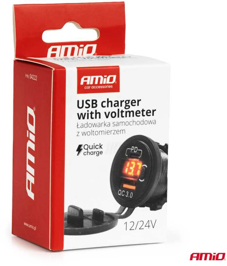 Vandeniui atsparus telefono įkroviklis su skaitmeniniu voltmetru ir raudonu LED indikatoriumi, USB + USB-C QC3.0 12/24V AMIO-04222