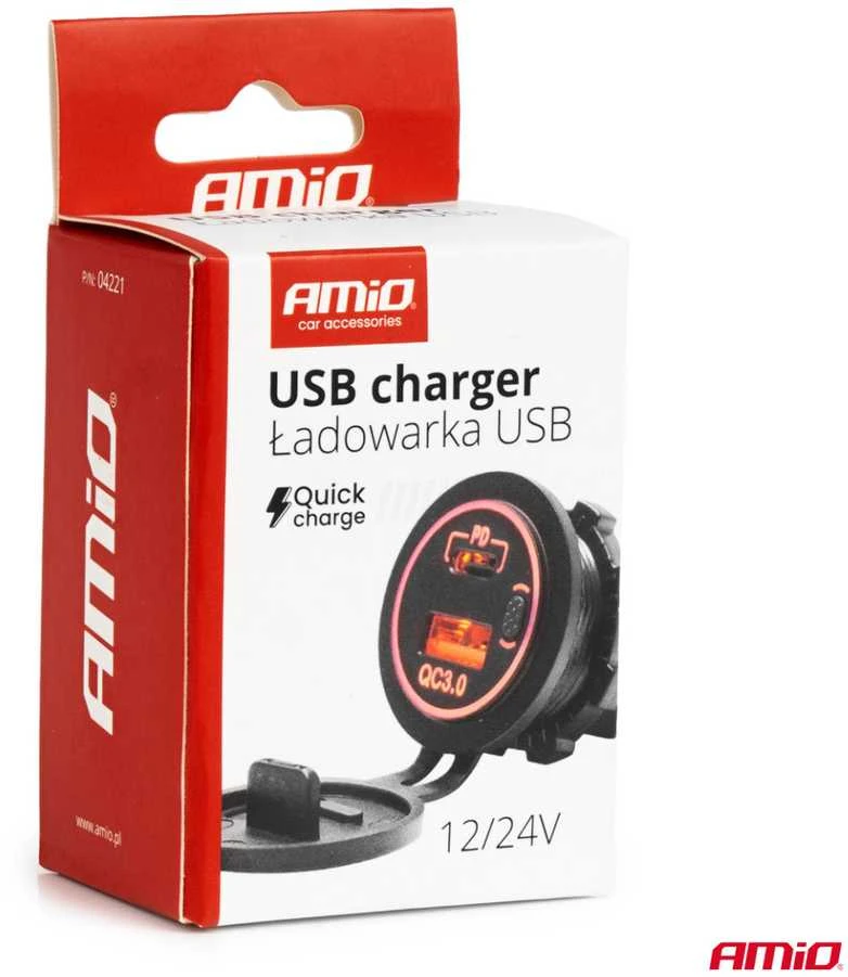 Vandeniui atsparus telefono įkroviklis su raudonu LED apšvietimu, 2xUSB QC3.0 12/24V AMIO-04221