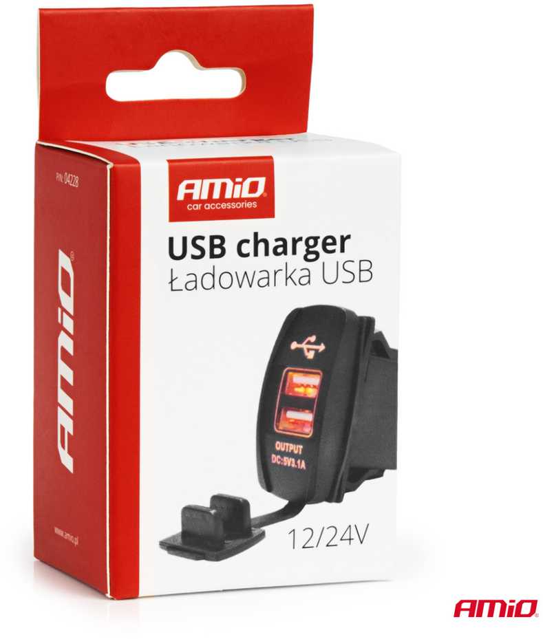 Vandeniui atsparus telefono įkroviklis su raudonu LED apšvietimu, 2xUSB 12/24V AMIO-04228