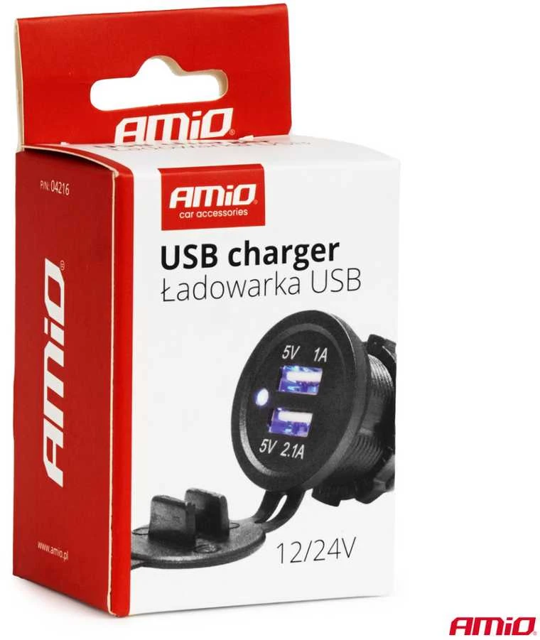 Vandeniui atsparus telefono įkroviklis su mėlynu LED indikatoriumi 3.1A, 2xUSB 12/24V AMIO-04216