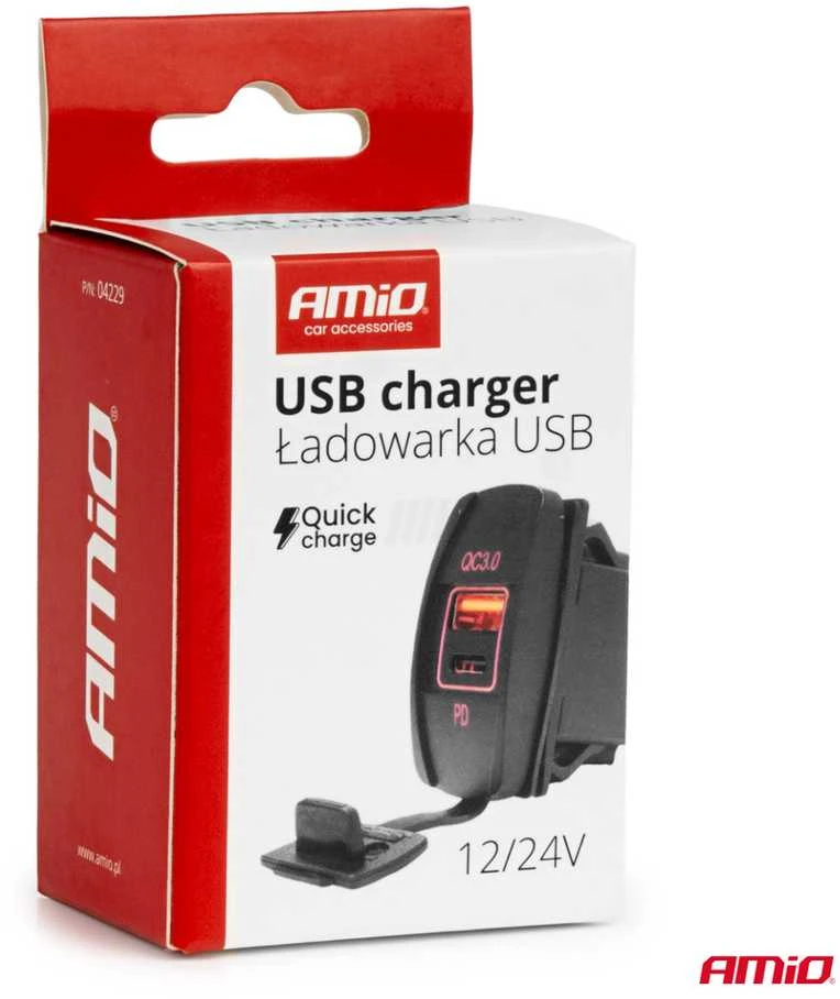 Vandeniui atsparus telefono įkroviklis su raudonu LED apšvietimu, USB + USB C QC3.0 12/24V AMIO-04229
