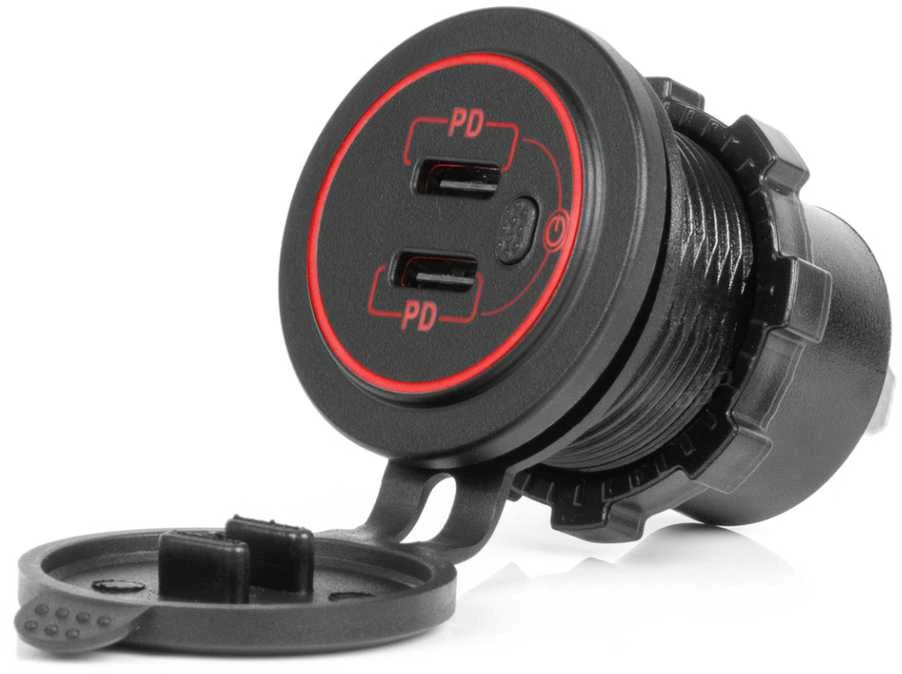 Vandeniui atsparus telefono įkroviklis su jungikliu ir raudonu LED pašvietimu, 2xUSB-C 12/24V AMIO-04224