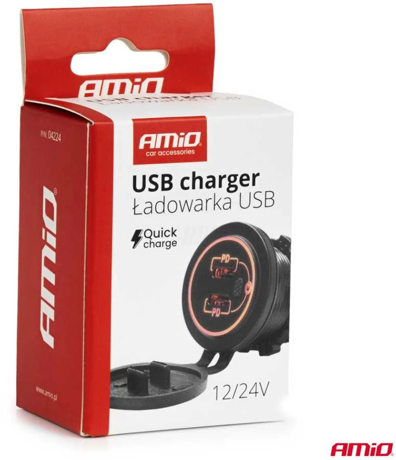 Vandeniui atsparus telefono įkroviklis su jungikliu ir raudonu LED pašvietimu, 2xUSB-C 12/24V AMIO-04224