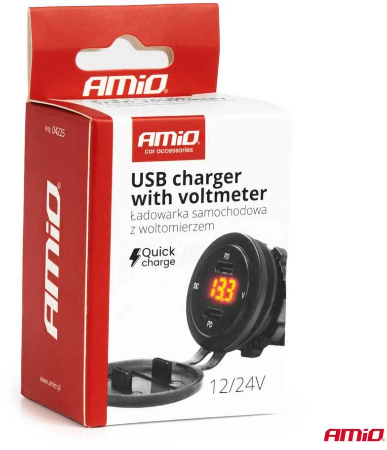 Vandeniui atsparus telefono įkroviklis su skaitmeniniu voltmetru ir raudonu LED indikatoriumi, 2xUSB-C 12/24V AMIO-04225