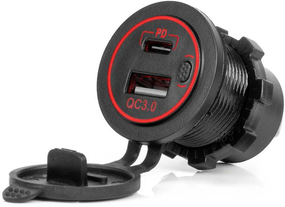 Vandeniui atsparus telefono įkroviklis su raudonu LED apšvietimu, 2xUSB QC3.0 12/24V AMIO-04221