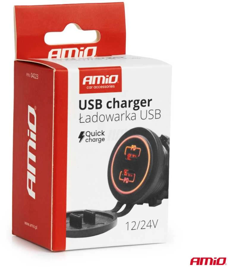 Vandeniui atsparus telefono įkroviklis su raudonu LED apšvietimu, 2xUSB-C 12/24V AMIO-04223