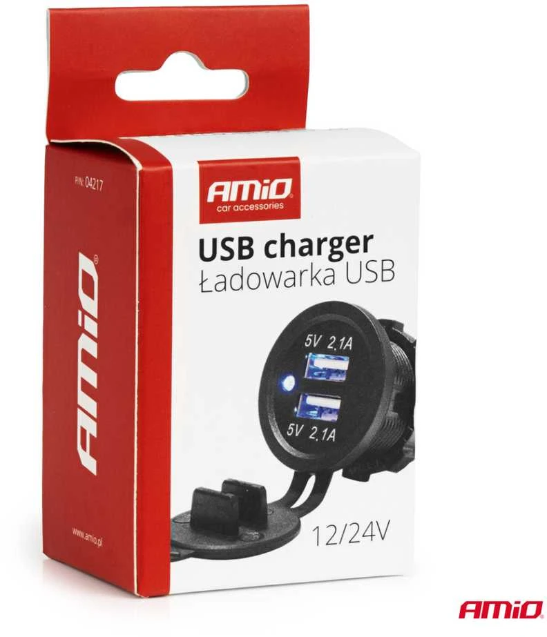 Vandeniui atsparus telefono įkroviklis su mėlynu LED indikatoriumi 4.2A, 2xUSB 12/24V AMIO-04217