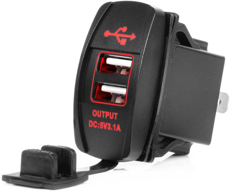 Vandeniui atsparus telefono įkroviklis su raudonu LED apšvietimu, 2xUSB 12/24V AMIO-04228
