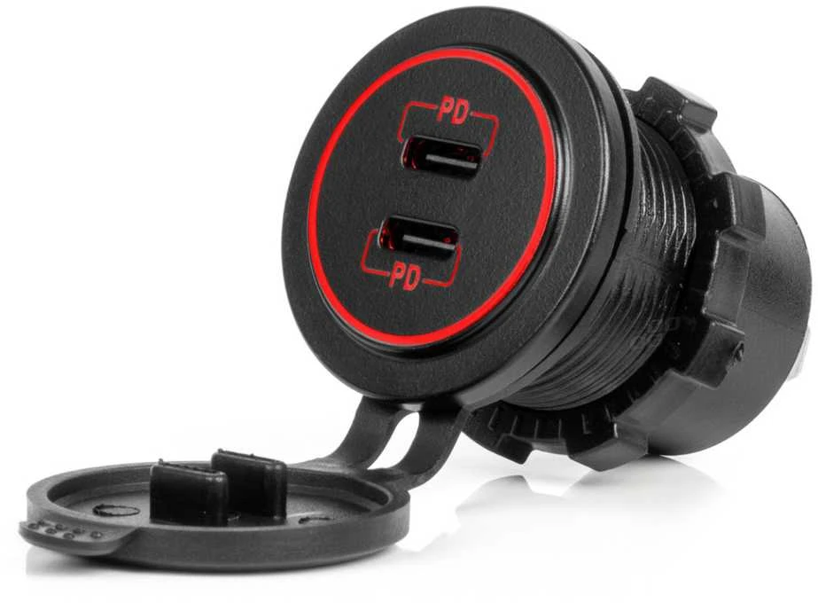 Vandeniui atsparus telefono įkroviklis su raudonu LED apšvietimu, 2xUSB-C 12/24V AMIO-04223