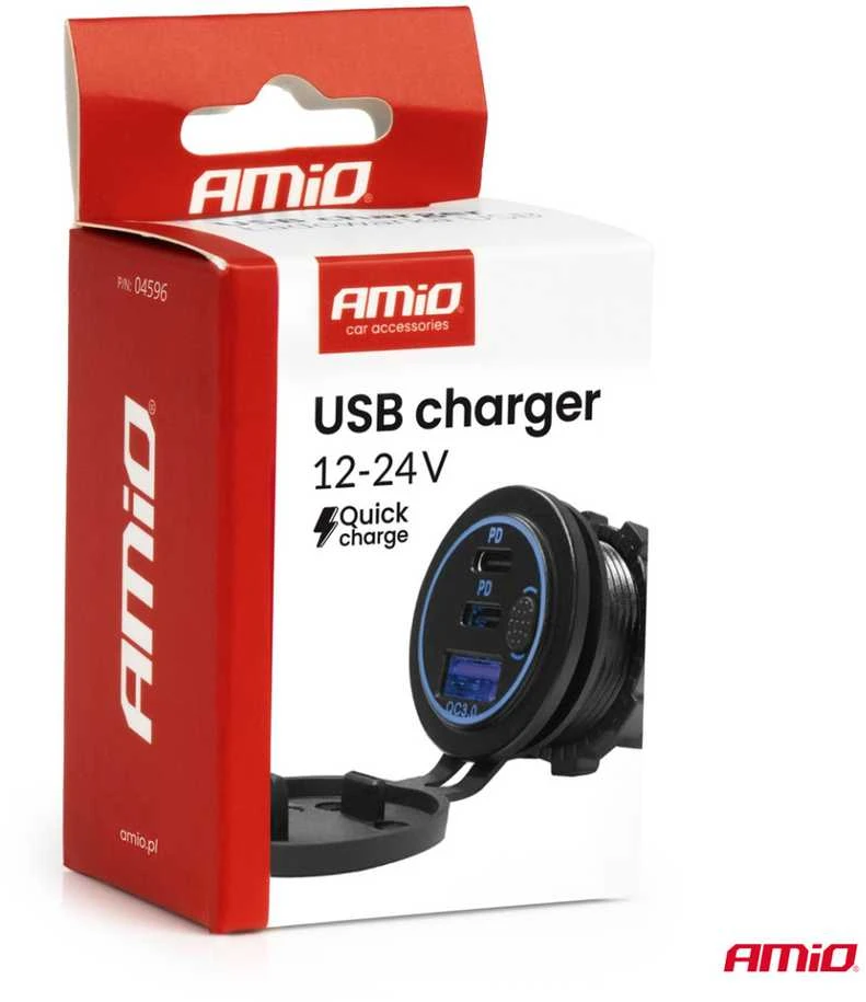 Vandeniui atsparus telefono įkroviklis su jungikliu ir mėlynu LED apšvietimu, USB + 2xUSB C QC3.0 12/24V AMIO-04596