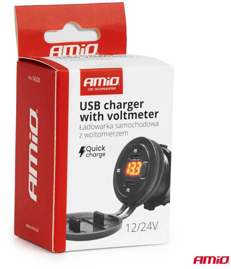 Vandeniui atsparus telefono įkroviklis su jungikliu ir skaitmeniniu voltmetru, 2x USB-C 12/24V AMIO-04226