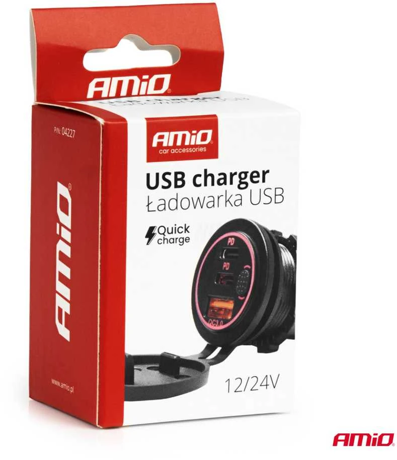 Vandeniui atsparus telefono įkroviklis su raudonu LED apšvietimu, USB + 2xUSB C QC3.0 12/24V AMIO-04227