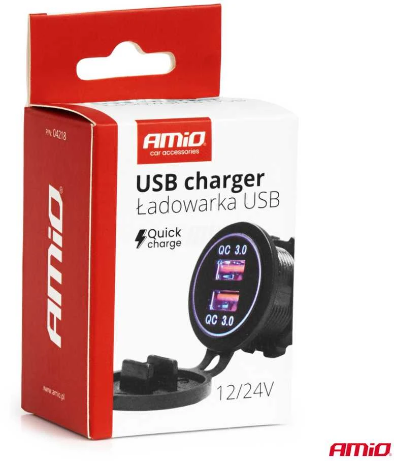 Vandeniui atsparus telefono įkroviklis su mėlynu LED apšvietimu, 2xUSB QC3.0 12/24V AMIO-04218