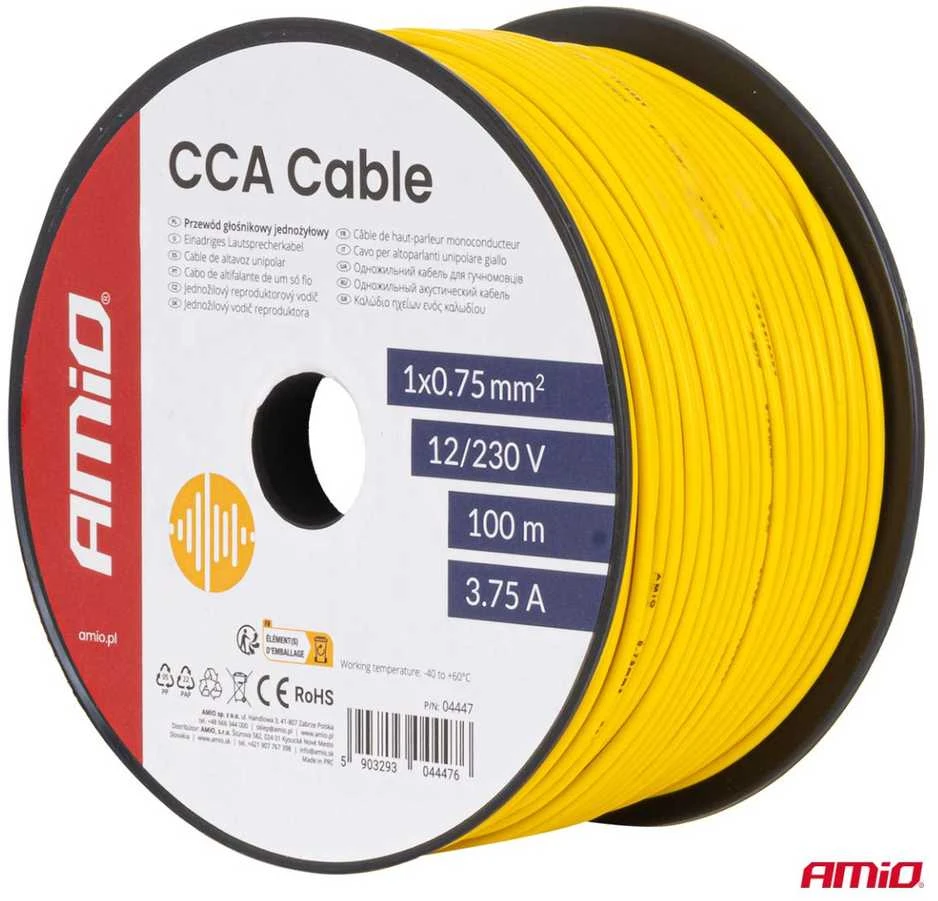 Viengyslis CCA kabelis, geltonas, 1x0.75mm² 100m 3.75A 12/230V AMIO-04447