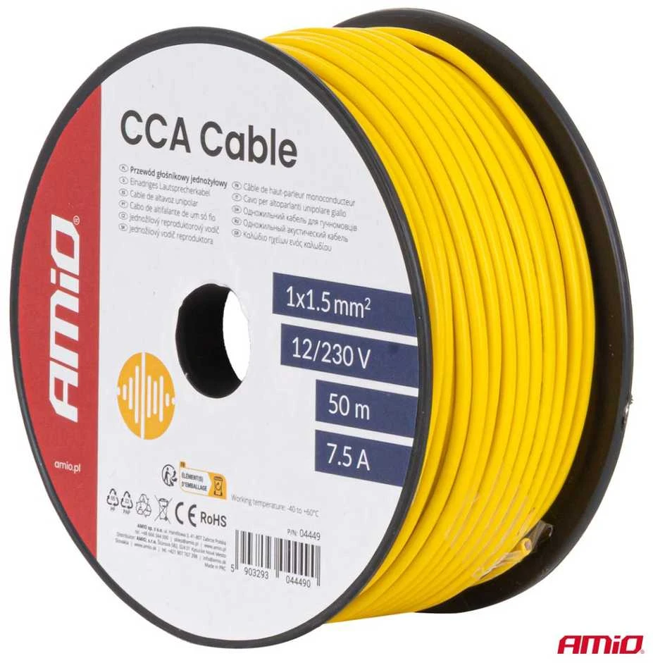 Viengyslis CCA kabelis, geltonas, 1x1.5mm² 50m 7.5A 12/230V AMIO-04449