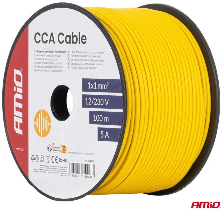 Viengyslis CCA kabelis, geltonas, 1x1mm² 100m 5A 12/230V AMIO-04448