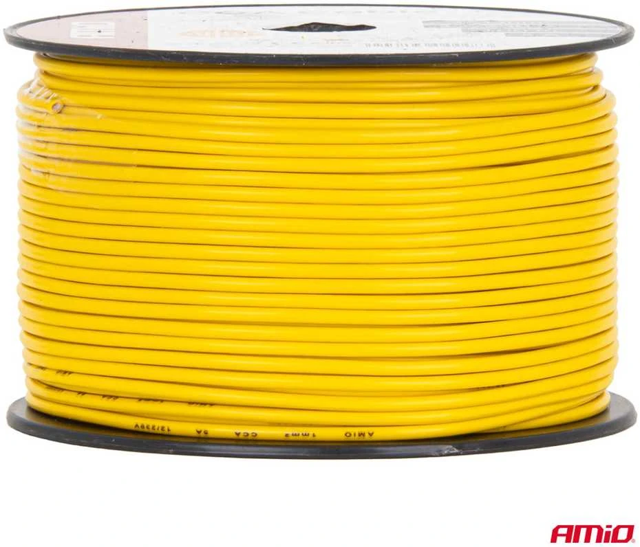 Viengyslis CCA kabelis, geltonas, 1x1mm² 100m 5A 12/230V AMIO-04448