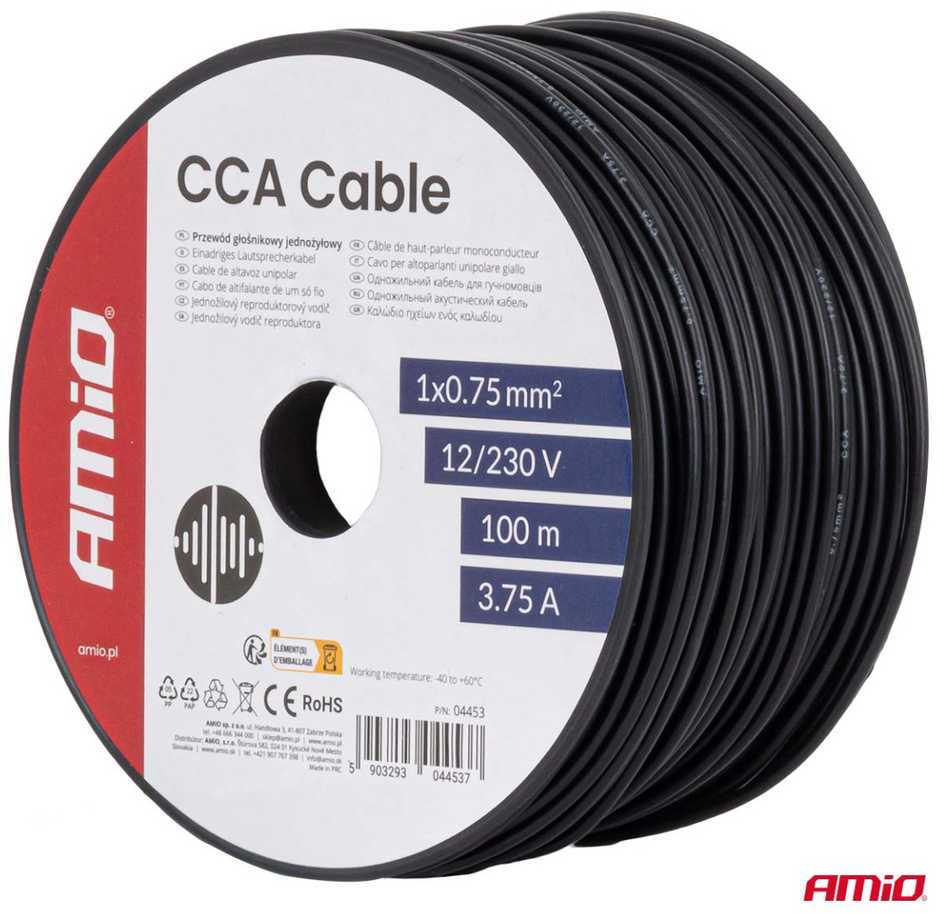 Viengyslis CCA kabelis, juodas, 1x0,75 mm² 100 m 12/230V AMIO-04453