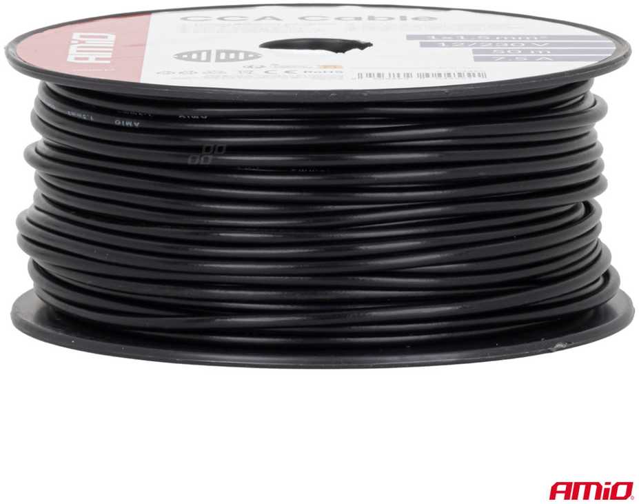 Viengyslis CCA kabelis, juodas, 1x1.5mm² 50m 7.5A 12/230V AMIO-04455