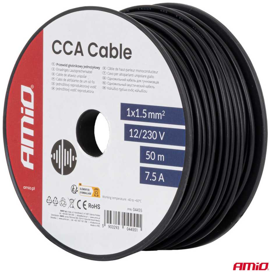 Viengyslis CCA kabelis, juodas, 1x1.5mm² 50m 7.5A 12/230V AMIO-04455