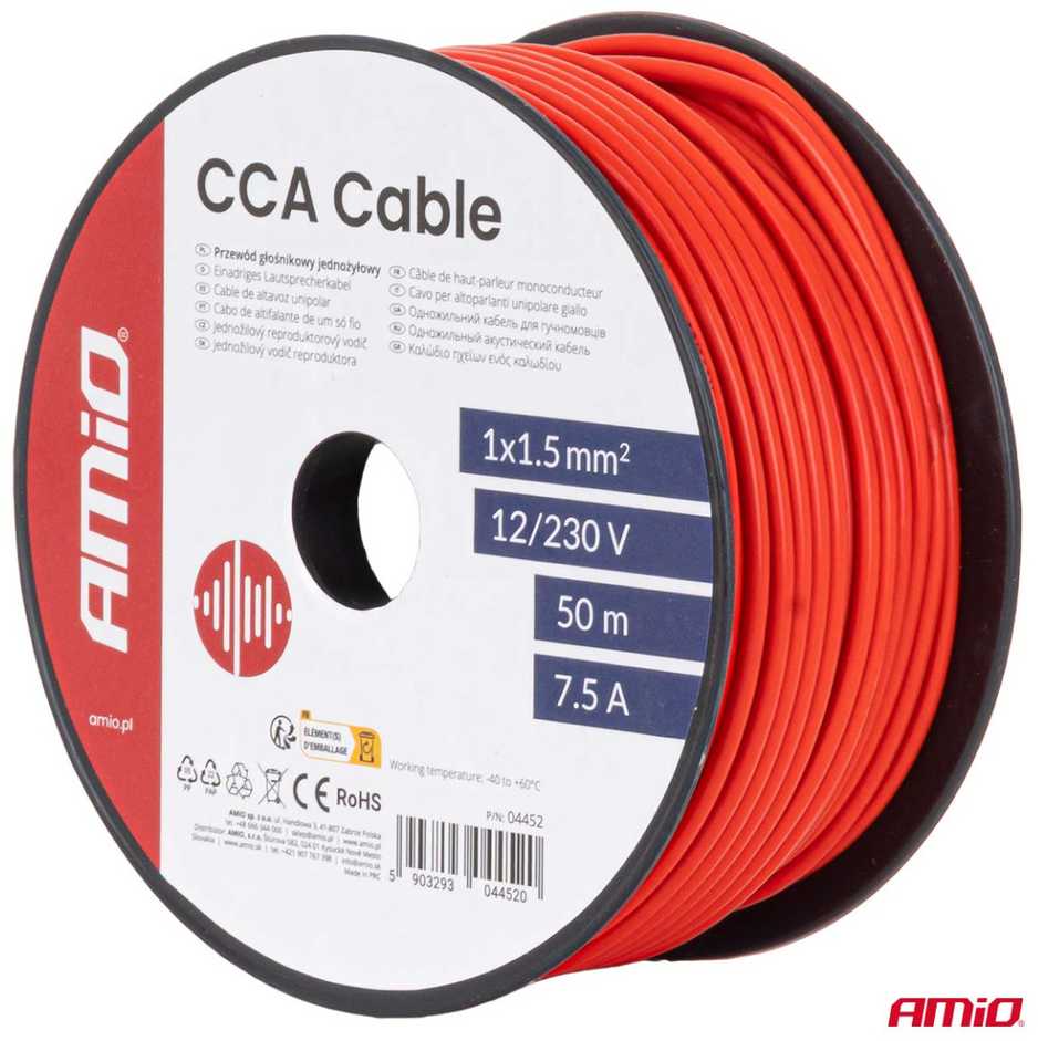 Viengyslis CCA kabelis, raudonas, 1x1.5mm² 50m 7.5A 12/230V AMIO-04452