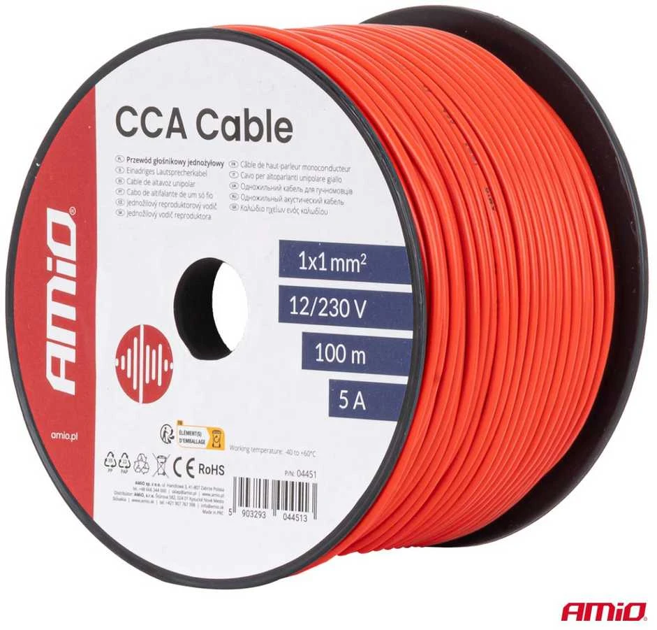 Viengyslis CCA kabelis, raudonas, 1x1mm² 100m 5A 12/230V AMIO-04451