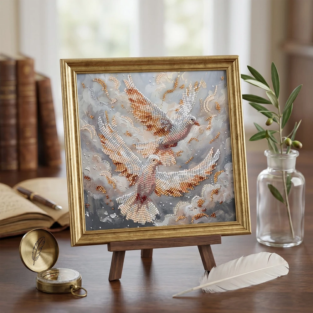 Abris Art Karoliukų siuvinėjimo rinkinys „Balandžių šokis“ 20×20 cm